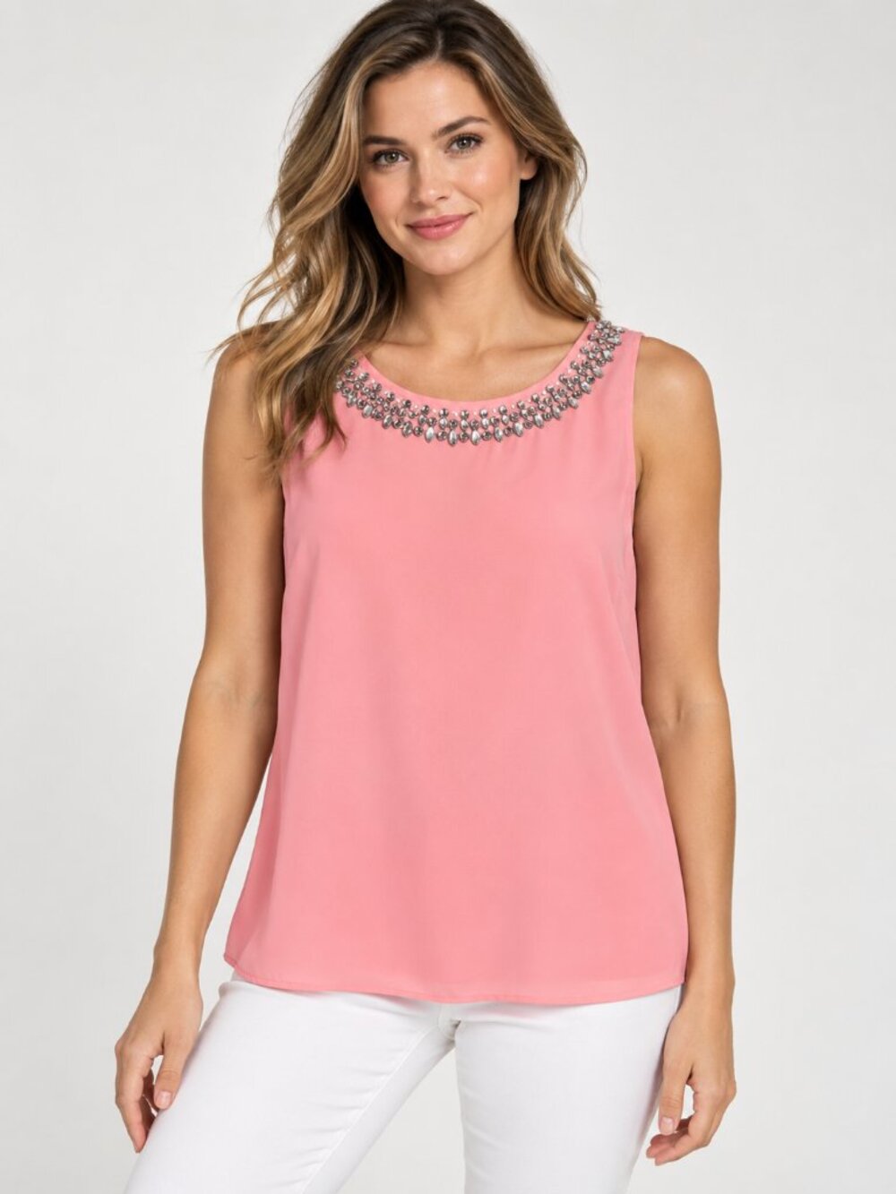cleo Pink Jeweled Neck Sleeveless Camisole